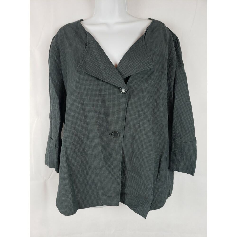 EUC OSKA Jacke Green/Grey Jacket Sz 4 Button Down Cotton/Linen Top Houndstooth